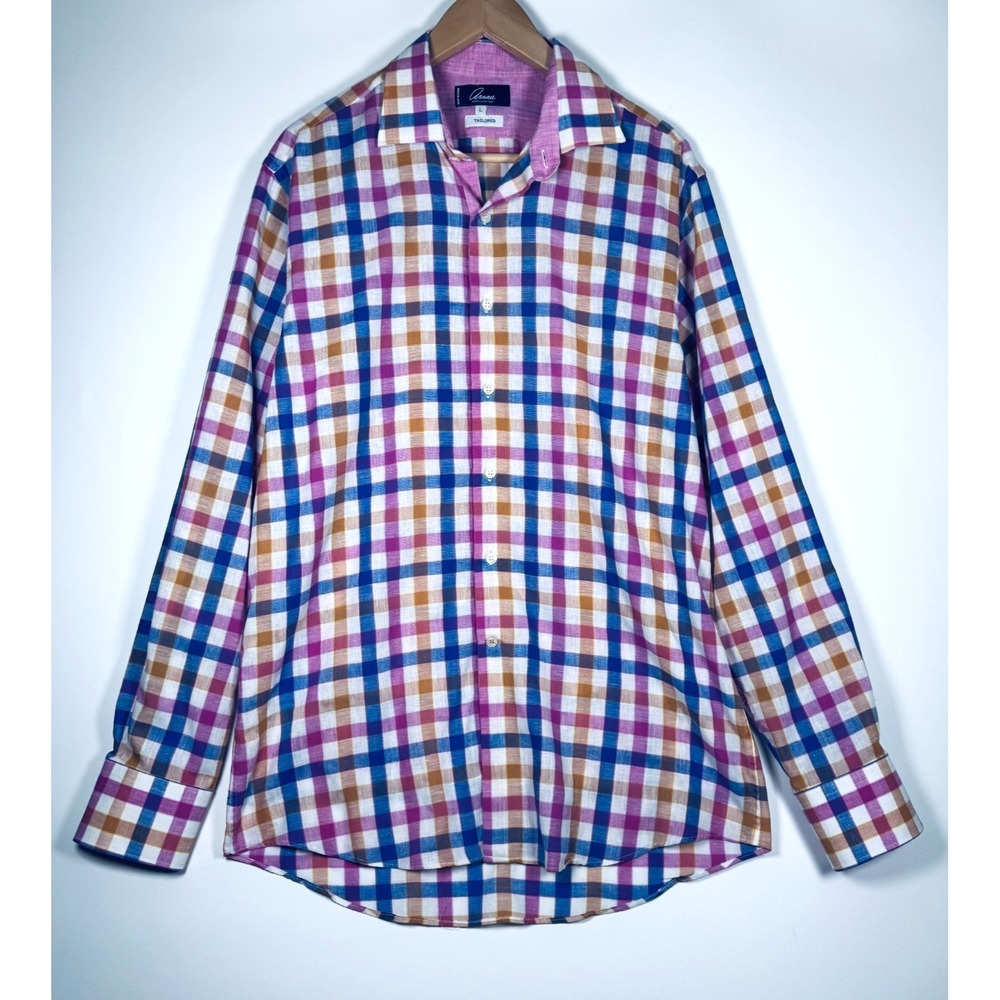 Arnau Barcelona Linen Shirt Mens Large Pink Plaid Button Up Tailored Fit Spain